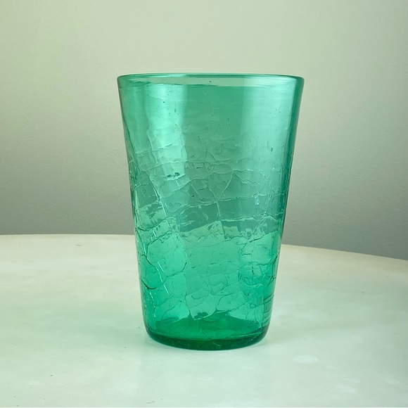 Vintage Mid Century BLENKO Crackle Glass Blue Turquoise Vase 7” Tall 5” Wide - Picture 10 of 11